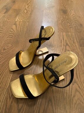 Jeffrey Campbell Gold Insole with Black Suede Strap Block Heels